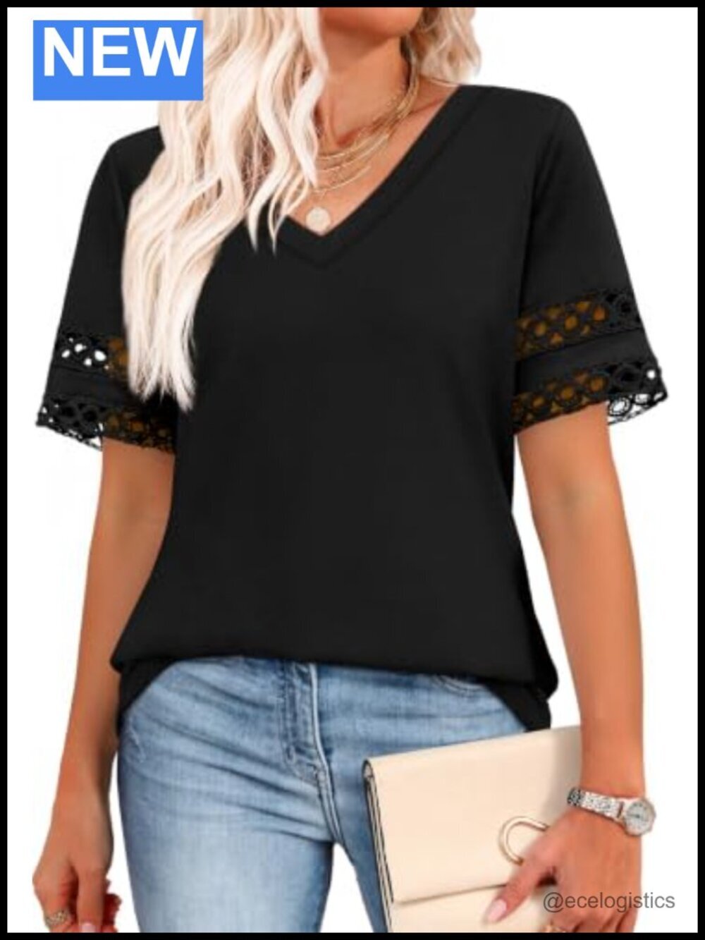 V Neck Short Sleeve Blouse with Lace Sleeves Curved Hem Flowy Tunic